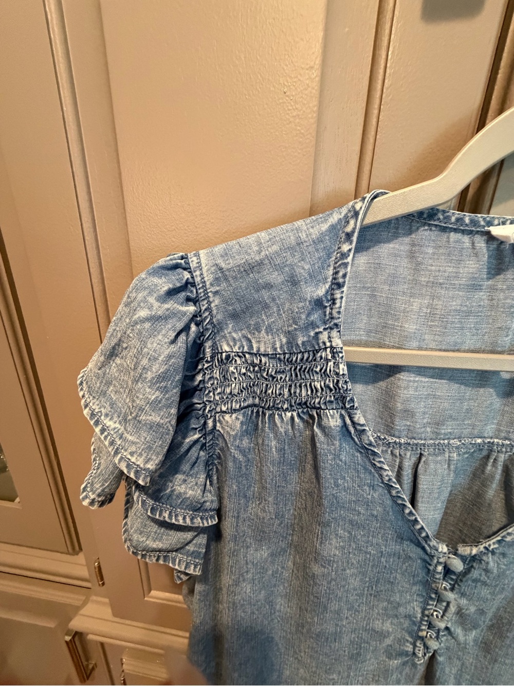 Jane and Delancy Light Wash Denim-Effect Flutter Sleeve Blouse - Picture 3 of 5